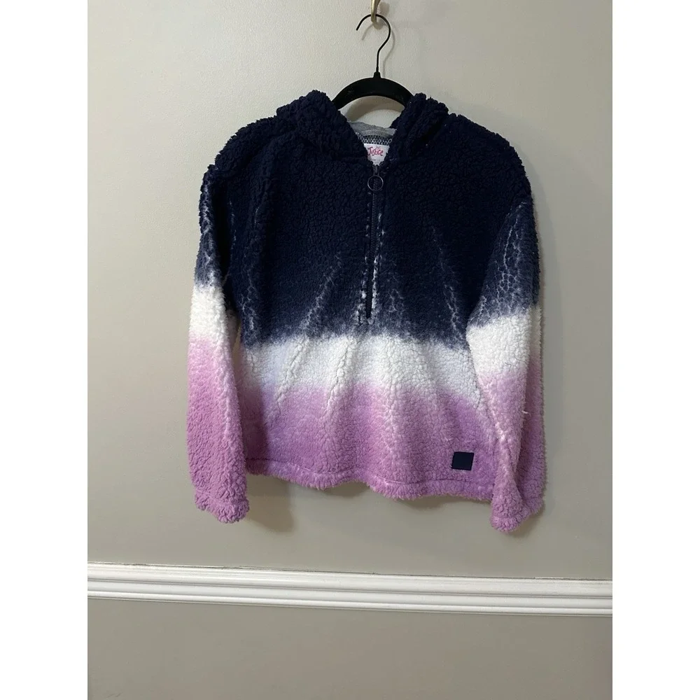 Justice‎ Girls Sherpa Hoodie Blue Size 16/18 Dip Dye Quarter Zip Pockets Logo